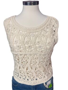 Mermaid Fashion Ivory Roses Crochet knit Sequins Sleeveless Top